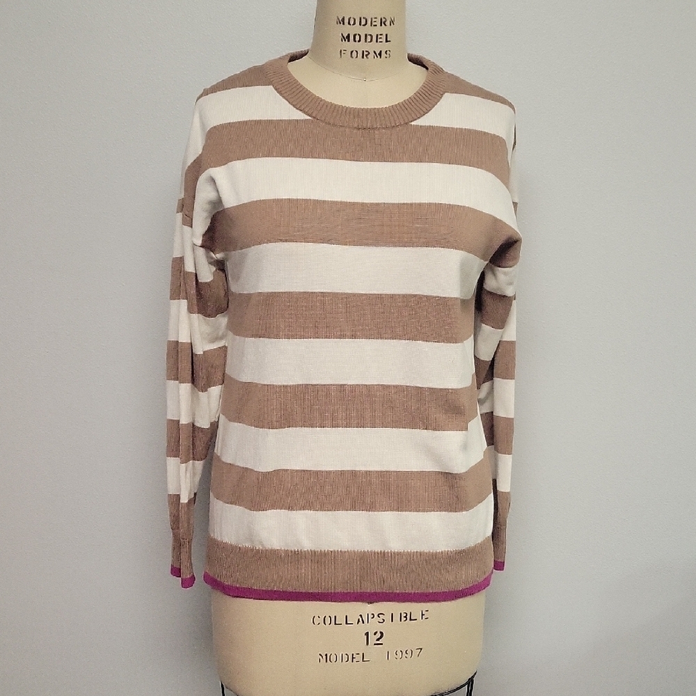 Belle by Kim Gravel Striped Tan and Cream Sweater With Pink Accent